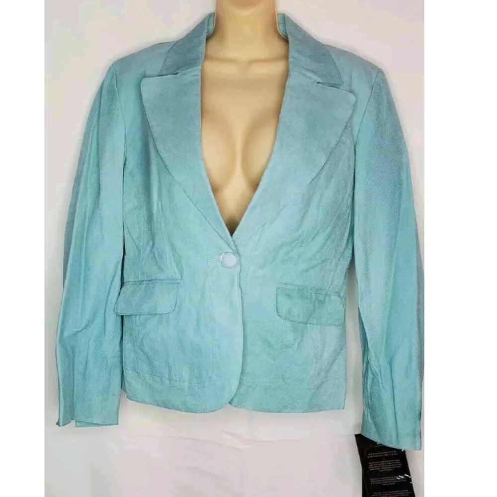 NWT Women Pamela McCoy Mint Green Leather Jacket with Pockets and Button Size M